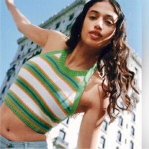 Zara Knit Green Multicolor Striped Halter Crop Top- Small